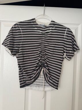 T by Alexander Wang Black & White Striped Drawcord Crop Tee